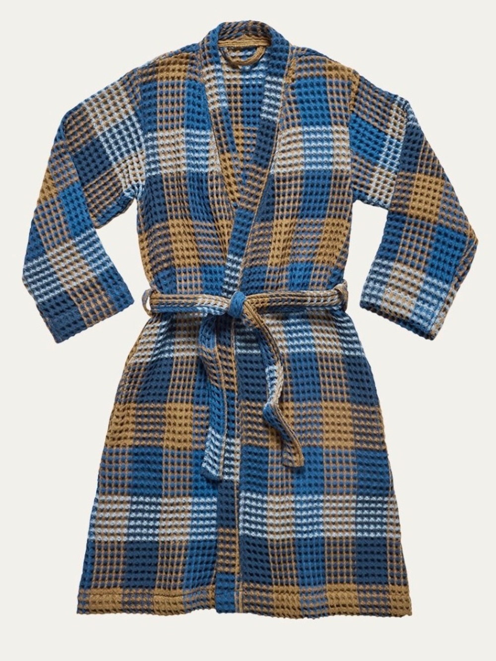 BROOKLINEN Dreamweave Waffle Robe in Blue/Brown Plaid - L